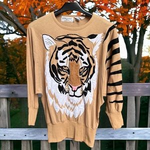 Vintage Tiger Cat Bonnie Boerer Appliqués Batwing Sleeve Knit Top Womens Small